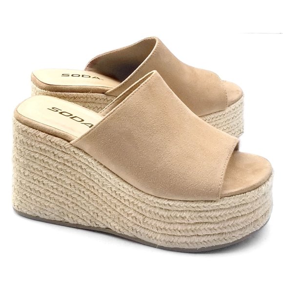 Shoes - New Wheat Beige Slip on Espadrille Platform Wedge Slides Sandals